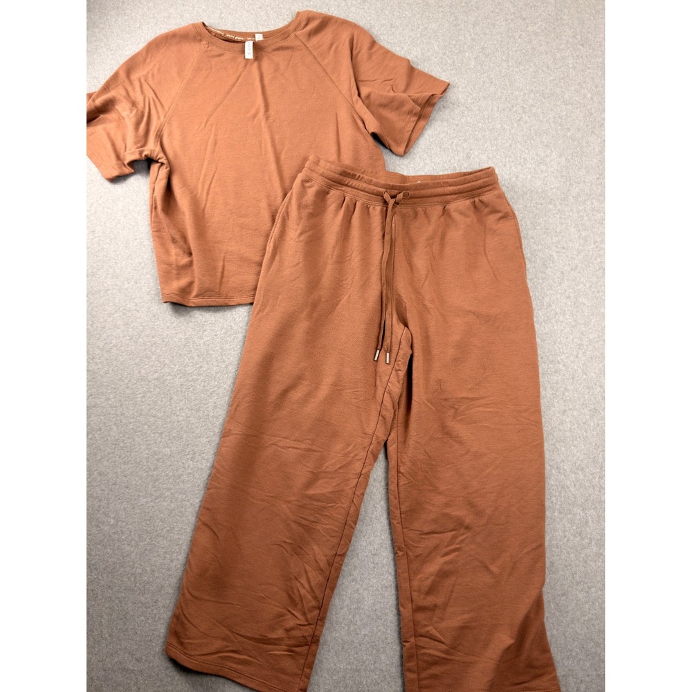 Joyspun Brown 2 Piece Lounge Set Short Sleeve Top Wide Leg Pants Small XS